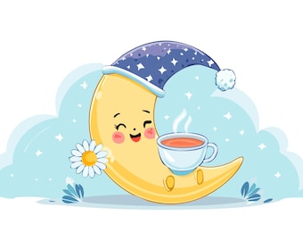 Cute Kawaii Moon Character Sleep Hygiene Routine Flat Vector Illustration — Bedtime Wellness Night Cartoon