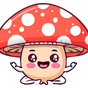 May include: A cartoon illustration of a smiling mushroom with a red cap covered in white spots. The mushroom has a tan stem, rosy cheeks, and outstretched arms, set against a white background.