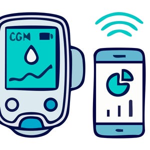 May include: Illustration of a continuous glucose monitor (CGM) device and a smartphone. The CGM displays "CGM" and a blood drop icon. The smartphone shows a pie chart and bar graph, with a wireless signal above it. The devices are in shades of blue.