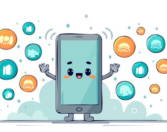 Cute Kawaii Smartphone Character Overwhelmed Notifications Flat Vector Illustration — Digital Wellness Technology Cartoon