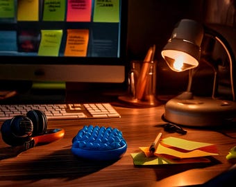 Neurodivergent-friendly workspace — fidgets, noise-canceling headphones, calm lighting