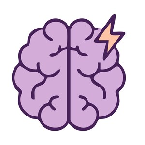 Puede incluir: Ilustración de dibujos animados de un cerebro en tonos morados con contornos morados oscuros. Un rayo amarillo está en el lado derecho del cerebro. La imagen está sobre un fondo blanco.