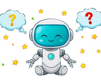 Cute Kawaii Robot Character Existential Thought Bubbles Flat Vector Illustration — AI Technology Emotion Cartoon
