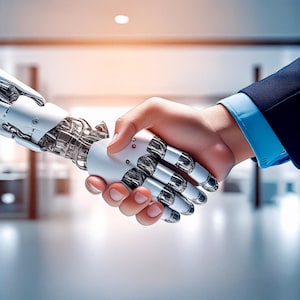 May include: A human hand shaking a robotic hand. The human hand is in a business suit. The robotic hand is white with silver mechanical details. The background is blurred, suggesting an office setting.