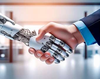 Human Hand Shaking Robotic AI Hand Symbolizing Human Technology Partnership