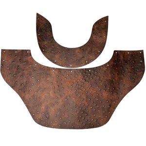 May include: Two pieces of brown leather with a textured ostrich-like pattern and small pre-punched holes along the edges. The larger piece is wide and curved, while the smaller piece is a crescent shape, both featuring a dark, mottled finish.