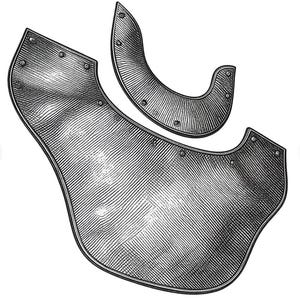 May include: Two pieces of silver-coloured metal armour plating featuring a textured, cross-hatched surface pattern. The larger piece is curved and asymmetrical, while the smaller piece is crescent-shaped. Both plates have visible rivets along the edges.