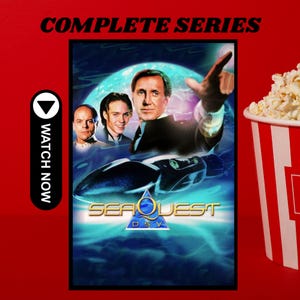 May include: A DVD box set for the television series "SeaQuest DSV" with the words "Complete Series" at the top. The cover art features three men, a submarine, and the show's logo. A red and white striped popcorn bucket is on the right.