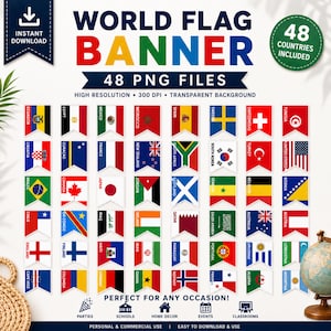 Puede incluir: Una colección digital de 48 banderas del mundo en formato PNG. El gráfico presenta el texto "WORLD FLAG BANNER" y "48 COUNTRIES INCLUDED" con una cuadrícula de varias banderas nacionales, cada una diseñada como un banderín con forma de cola de golondrina.