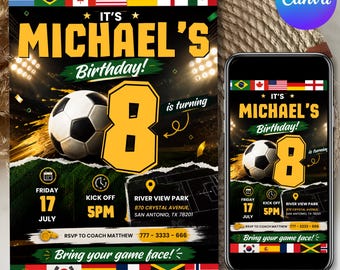 World Cup Soccer Football Birthday Party Invitation, Digital Printable Template, Canva Template