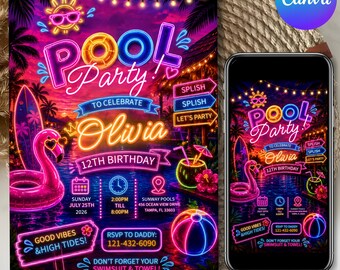 Pool Party Birthday Invitation, Neon Glow Swim Invite for Boys, Blue Green Pool Birthday, Digital Download, Canva Editable Template