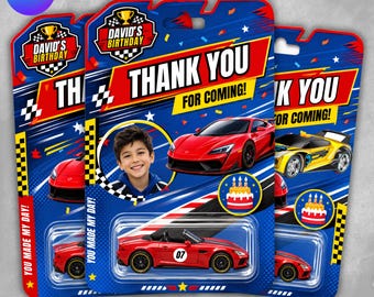Spielzeugauto-Verpackung, Danke-Tag-Vorlage, druckbares Auto-Geburtstags-Bevorzugungsetikett, benutzerdefinierte Rennwagen-Tag-Partyzubehör, bearbeitbare Vorlage von Canva