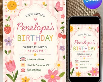Pastell Mädchen Geburtstagseinladung, wunderlicher Geburtstag, Gartenparty einladen, Schmetterling, Erdbeere Thema einladen, Canva bearbeitbare Vorlage