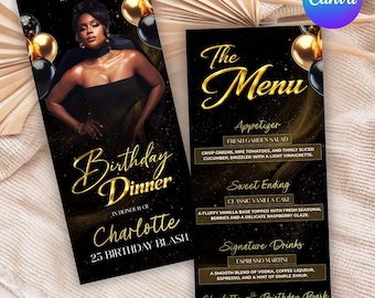 Plantilla de menú de cumpleaños en negro y dorado, menú editable para cena, elegante tarjeta de mesa imprimible, plantilla editable de Canva.