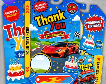 Spielzeugauto-Verpackung Danke-Tag-Vorlage, druckbares Auto-Geburtstags-Bevorzugungsetikett, benutzerdefinierte Rennwagen-Tag-Partyzubehör, bearbeitbare Canva-Vorlage.