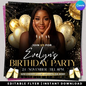 Black & Gold Birthday Party Flyer Template, Luxury Glam Birthday Invitation, Editable Canva Birthday Flyer, Digital Download