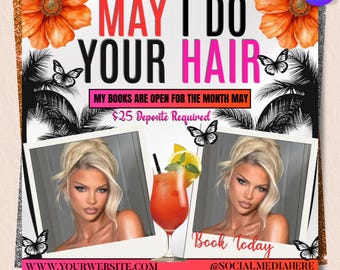Mai-Buchungen verfügbar DIY-Vorlage, bearbeitbarer Mai-Flyer, DIY-Canva-Vorlage für Make-up, Haare, Wimpern, Nägel, Social-Media-Flyer, jetzt buchen