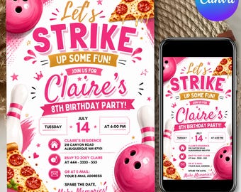 Bowling Birthday Invitation, Pink Bowling Party Invite, Let's Strike Up Some Fun Invite, Digital Download, Canva Editable Template