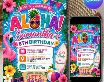 Aloha Pineapple Pool Birthday Invitation, Digital Download, Printable Luau Party Invite, Tropical Summer Theme Card, Canva Editable Template