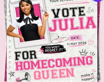 Homeroom Queen Flyer, HOCO-Flyer, Flyer für Heimkehr-Kampagnen, Vote for me, Klassenkampagen-Flyer, Canva bearbeitbare Vorlage, digitaler Download