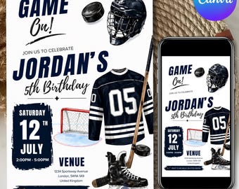 Hockey Geburtstagseinladung, Spiel auf Party einladen, Sport Thema, Kinder Hockey Geburtstag, Sofortiger Download, Digitale Vorlage, Canva Bearbeitbar
