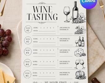 Weinprobe Scorecard Druckbare Vorlage Canva Digital Download Girls Night Cocktail Party elegantes Event altes Geld Minimalist Spiel kokett