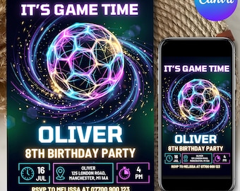 Neon Fußball Geburtstagseinladung, Neon Fußball einladen, Sporteinladung, digitale Einladung, Sneaker Ball Geburtstag einladen, Canva bearbeitbare Vorlage