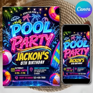 May include: A vibrant pool party invitation with neon blue and pink text. The design includes beach balls, a surfboard, and a pool float. The invitation is for Jackon's 8th birthday, June 20th, 3 PM - 7 PM.