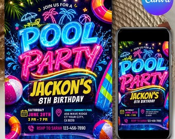 Pool-Party-Geburtstagseinladung, Neon Glow Swim Invite für Jungen, blauer grüner Pool-Geburtstag, digitaler Download, Canva bearbeitbare Vorlage