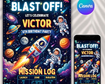 Weltraum-Geburtstagseinladung, Astronaut-Party einladen, Weltraum-Kinderrakete-Thema, digitaler Download, druckbare einladen, Canva bearbeitbare Vorlage