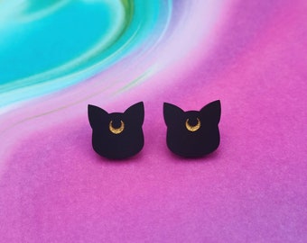 Black Crescent Moon Cat Earrings