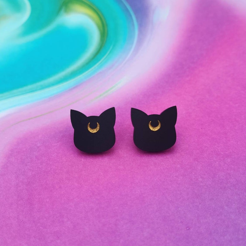 Black Crescent Moon Cat Earrings image 1