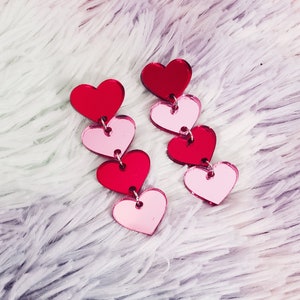 Mirrored Pink and Red Waterfall Heart Earrings