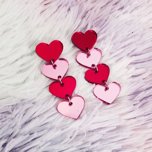 Mirrored Pink and Red Waterfall Heart Earrings - Etsy