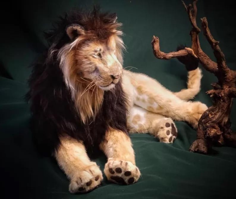 Pode incluir: Um le&atilde;o de pel&uacute;cia realista com uma juba castanha escura, rosto bege e corpo creme. O le&atilde;o est&aacute; deitado sobre uma superf&iacute;cie verde escura, com as patas e a cauda vis&iacute;veis. Um peda&ccedil;o de madeira flutuante est&aacute; no fundo.