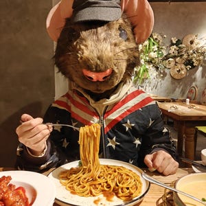 Könnte beinhalten: Eine Person mit einer Mausmaske und einer Jacke mit Stern- und Streifendesign, die Spaghetti von einem weißen Teller isst. Links ist eine Schüssel mit Essen und rechts eine Schüssel mit Suppe. Die Person sitzt an einem Holztisch.