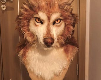 Realistic Wolf Mask, Tail, Paws Set, White Red Faux Fur Cosplay Costume