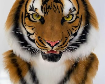 Máscara de Cabeça de Tigre Realista, Adereço de Cabeça de Animal Feito à Mão, Máscara Peluda para Cosplay