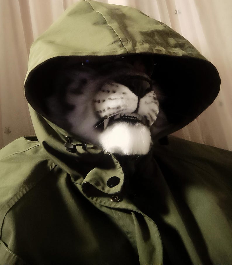 May include: A person wearing a green hooded jacket with a detailed snow leopard mask. The mask features realistic fur, whiskers, and teeth. The jacket has a button closure.