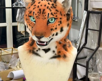 Realistic Leopard Fursuit Head, Handmade Big Cat Costume Mask, Spotted Feline Furry Head, Moving Jaw Animal Mask, Custom Fursuit