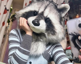Handmade Raccoon Head Mask: Realistic Faux Fur Cosplay Headpiece