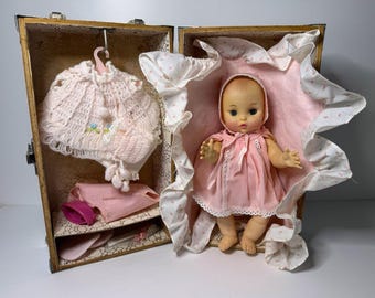 Vintage Effanbee Tiny Tubber Doll Set | 10" Vinyl Baby w/ Trunk, Clothing, Accessories