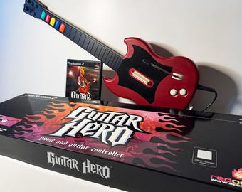 2005 Guitar Hero PS2 Bundle Rare Non-Gibson Red SG PSLGH with Sealed Sticker Pack
