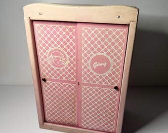 1950s Vogue Ginny Doll Wooden Wardrobe - Pink & White Vintage Closet