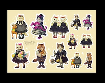 May include: A set of 10 illustrated stickers featuring cats in various outfits and holding different objects. The cats are wearing black and white clothing and holding items like a deer, a scorpion, a fish, a scale, and a baby cat. The stickers are on a light yellow background with white stars.