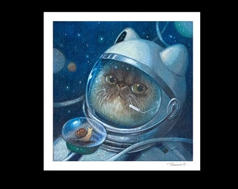 May include: A brown and white cat wearing a silver astronaut helmet with a small snail in a glass orb. The cat is looking directly at the viewer with a serious expression. The background is a dark blue space scene with stars and planets.
