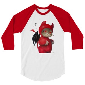Mały Kot Diabeł - Ilustracja Kota Unisex 3/4 Rękaw Raglan Koszula