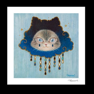 Cat x Weather-Rainy Hand Embellished Fine Art Print by Phoenix Chan