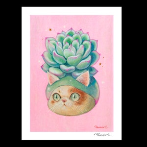 Cat x Succulent #1  Hand Embellished Fine Art Print by Phoenix Chan
