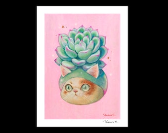 Cat x Succulent #1  Hand Embellished Fine Art Print by Phoenix Chan